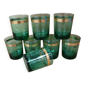 8 verres à whisky vert émeraude bande dorée Luminarc France