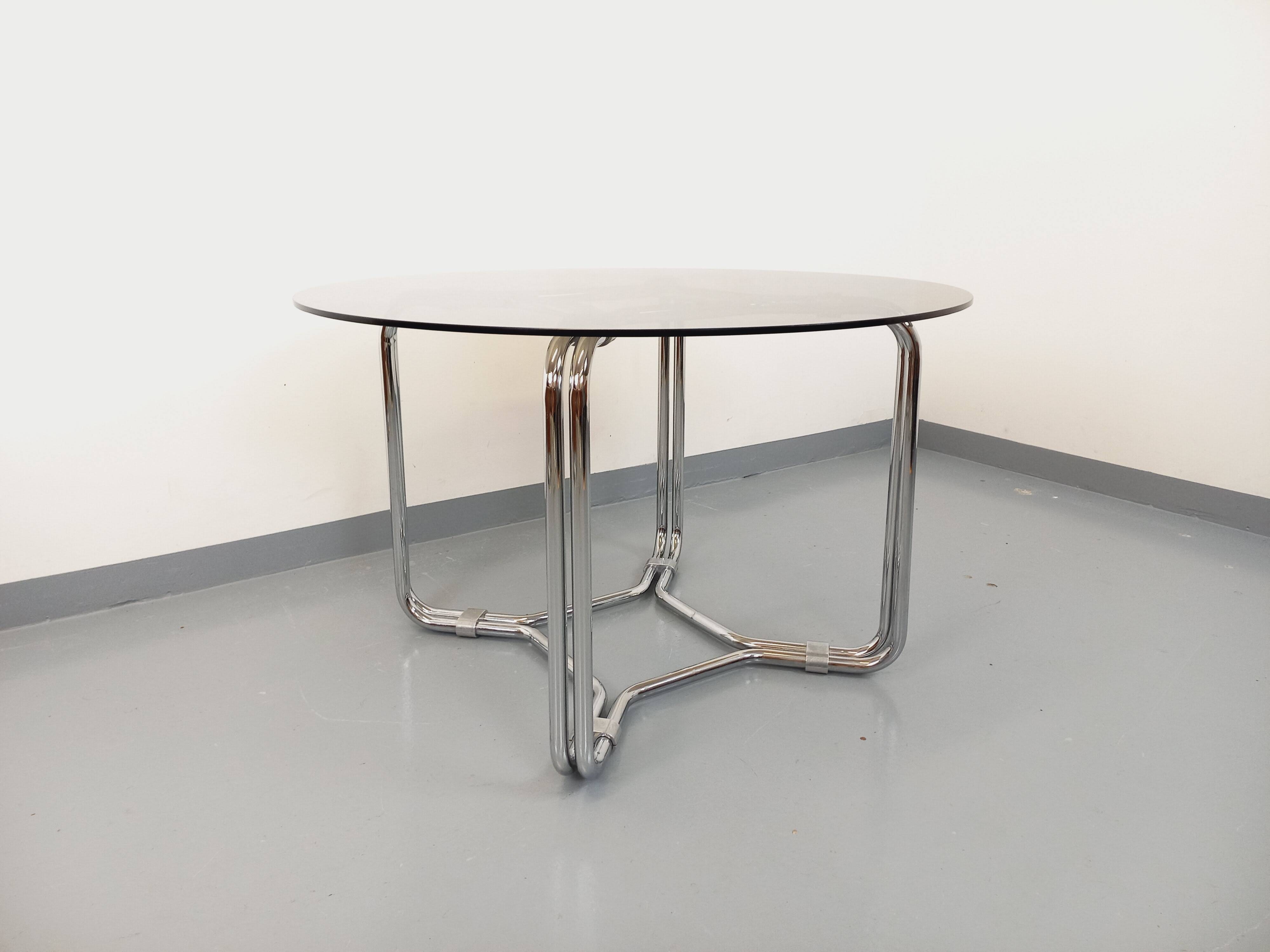 Vintage round dining table in smoked glass and chrome metal
