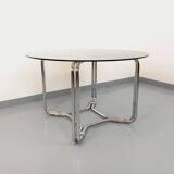 Vintage round dining table in smoked glass and chrome metal