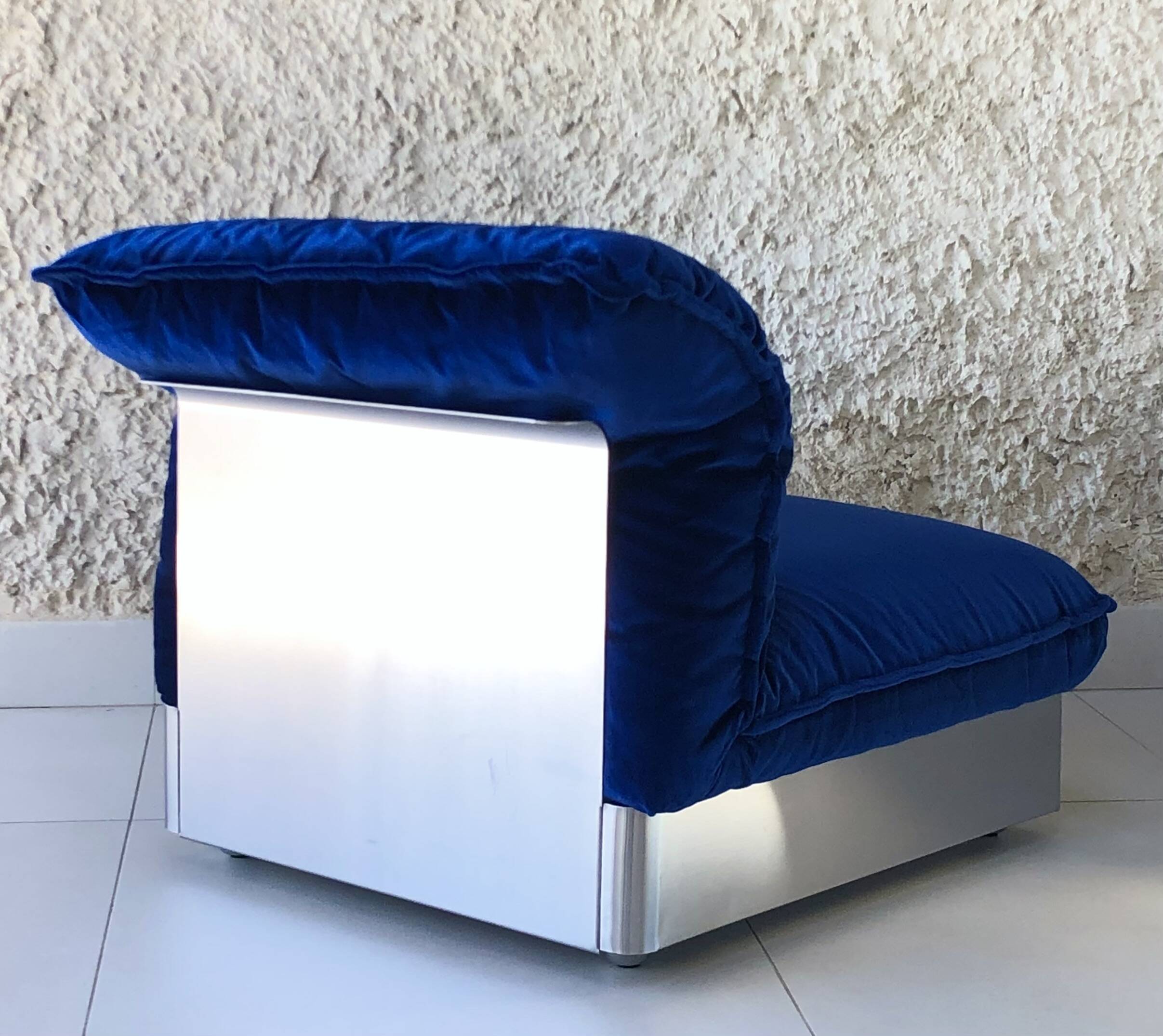 Stainless steel and royal blue velvet armchair, France, 1970s