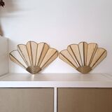 Set of 2 vintage shell or fan wall lights in glass paste and aged gold metal