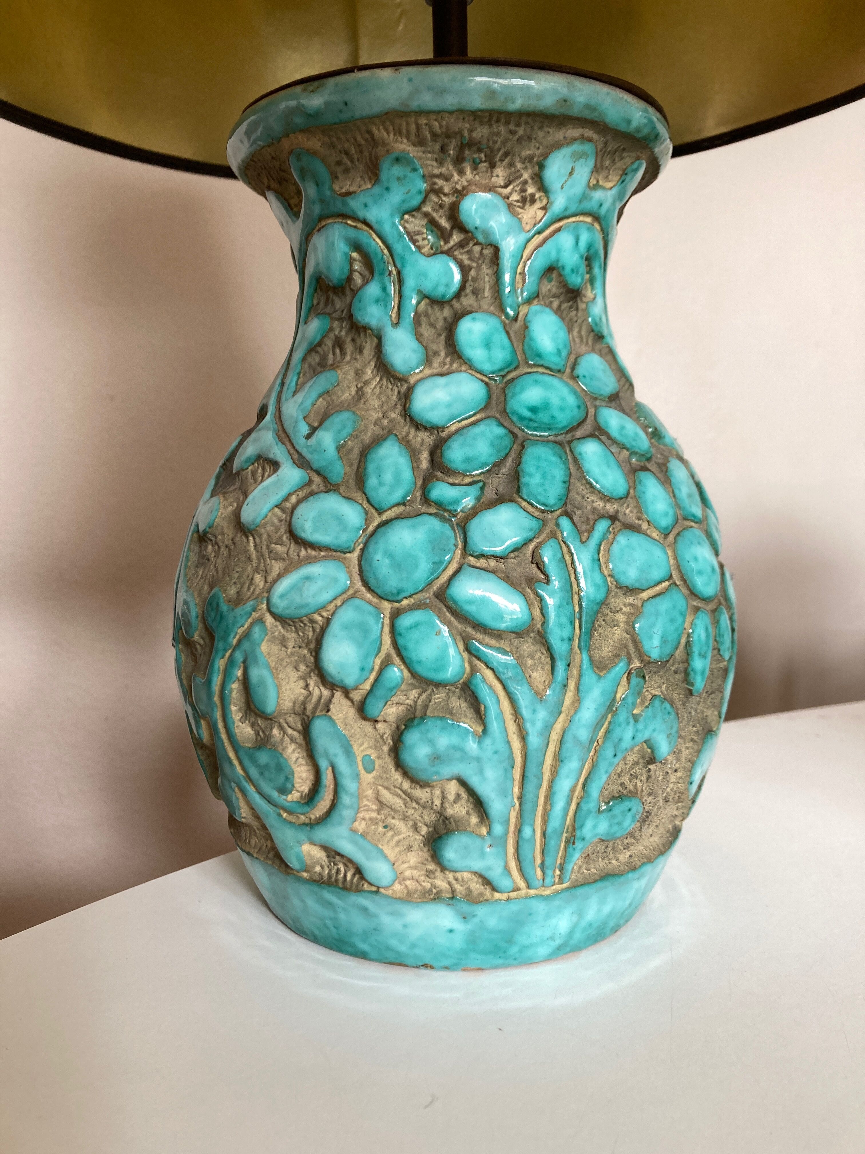 Italian glazed ceramic lamp 1960 mid century Bitossi turquoise