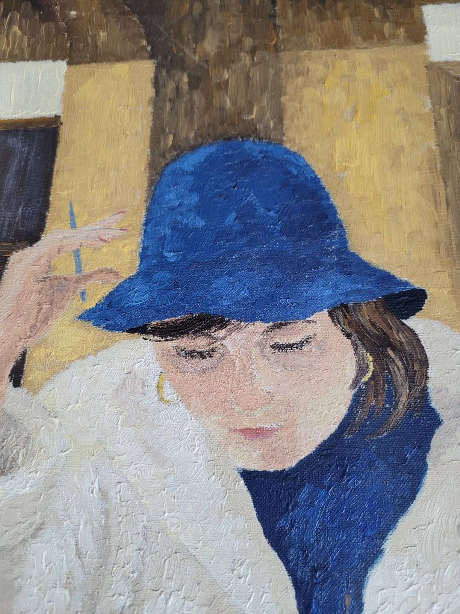 Oil on canvas portrait of a woman writing a postcard