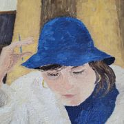 Oil on canvas portrait of a woman writing a postcard