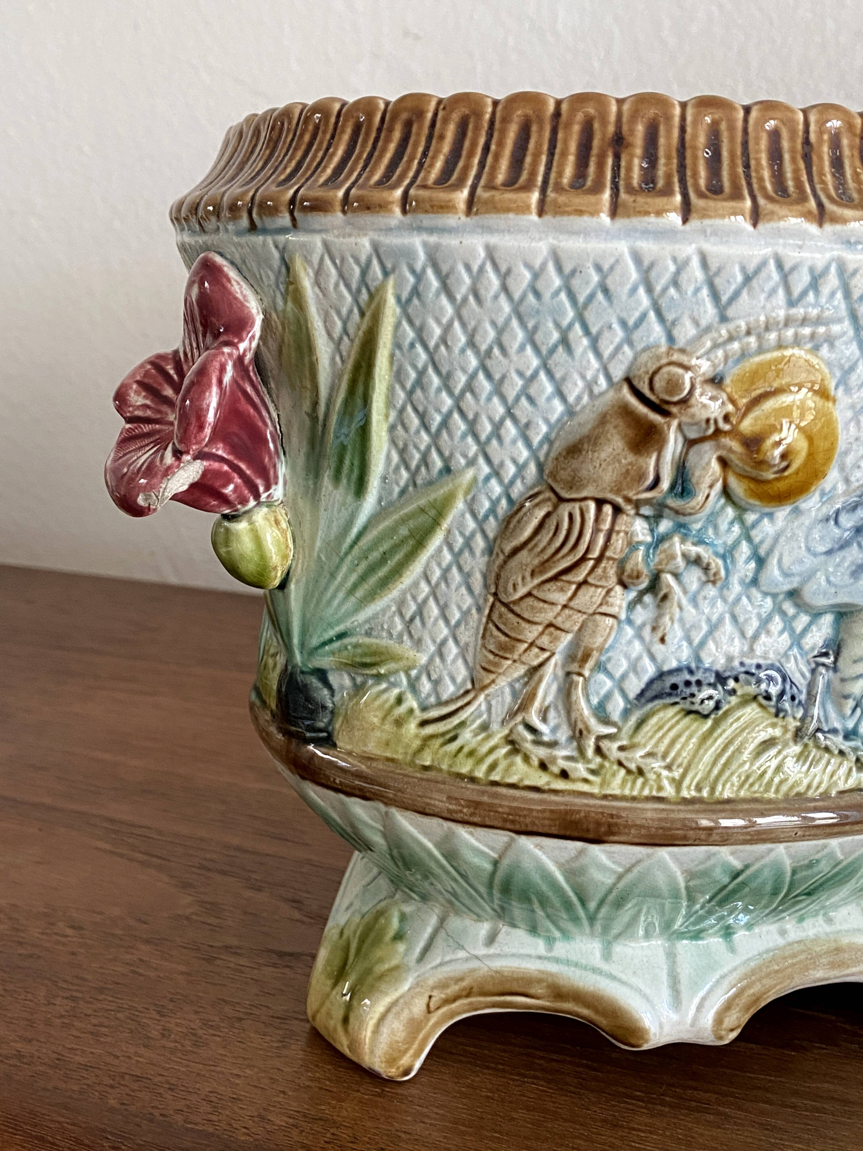 Important planter cache pot barbotine decor insects musicians late 19th century