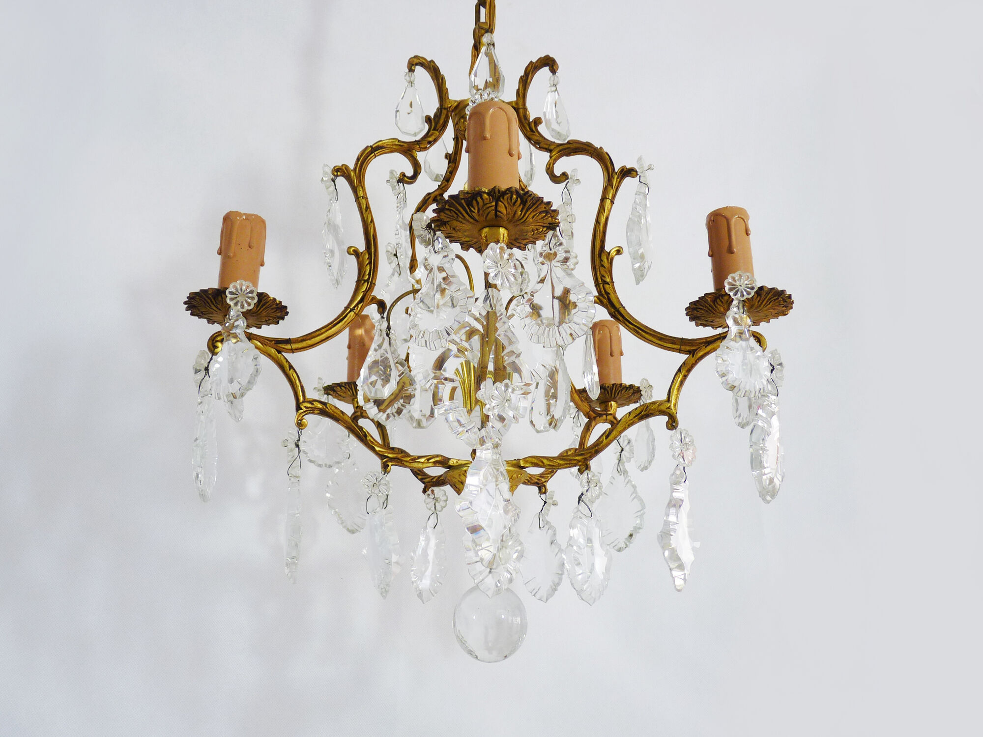 Bronze cage chandelier and glass stamps, at 5 lights. Year 50 60