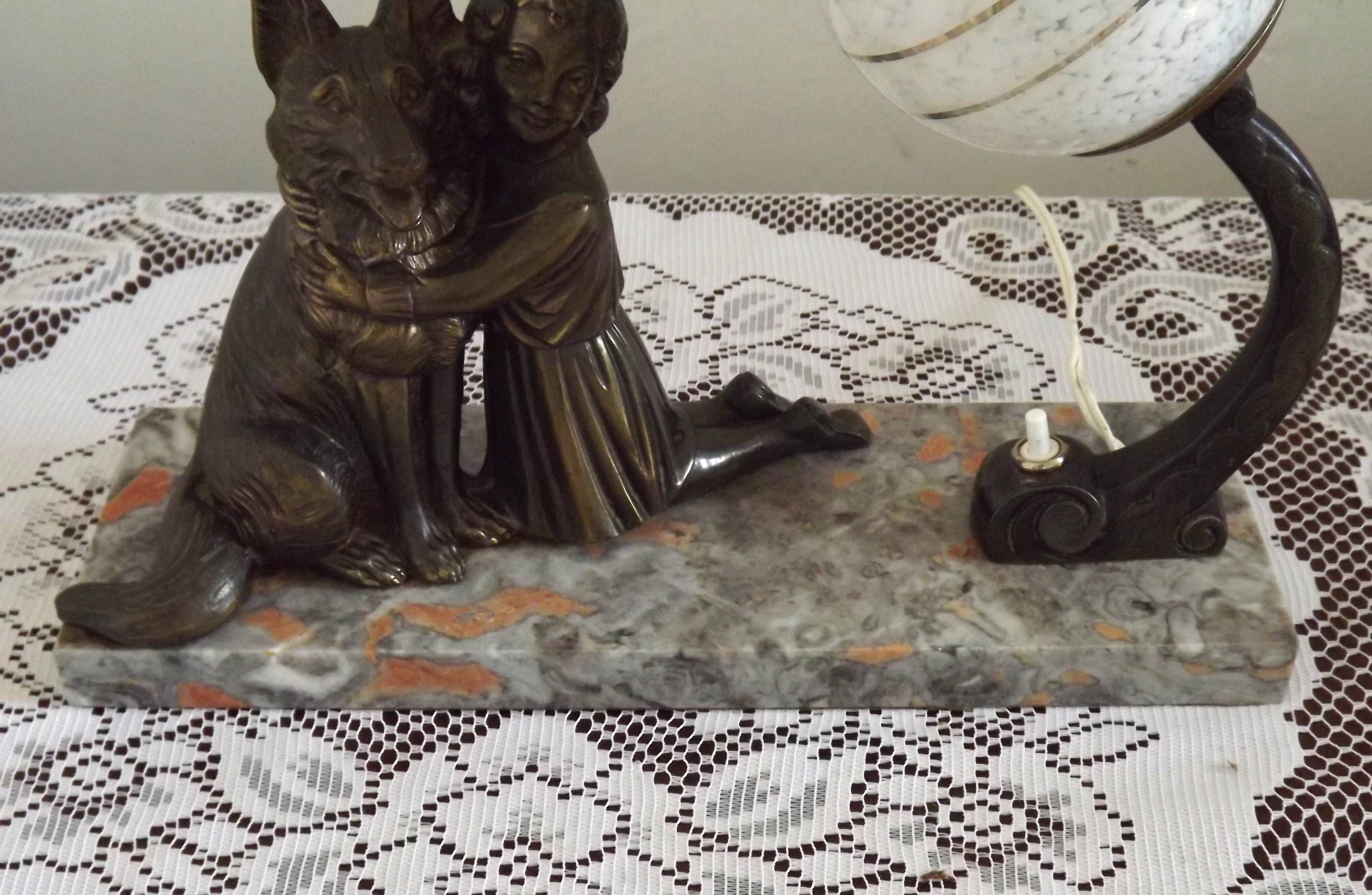 French Art Deco Table Lamp – Kneeling Girl with Dog & Clichy Glass Shade