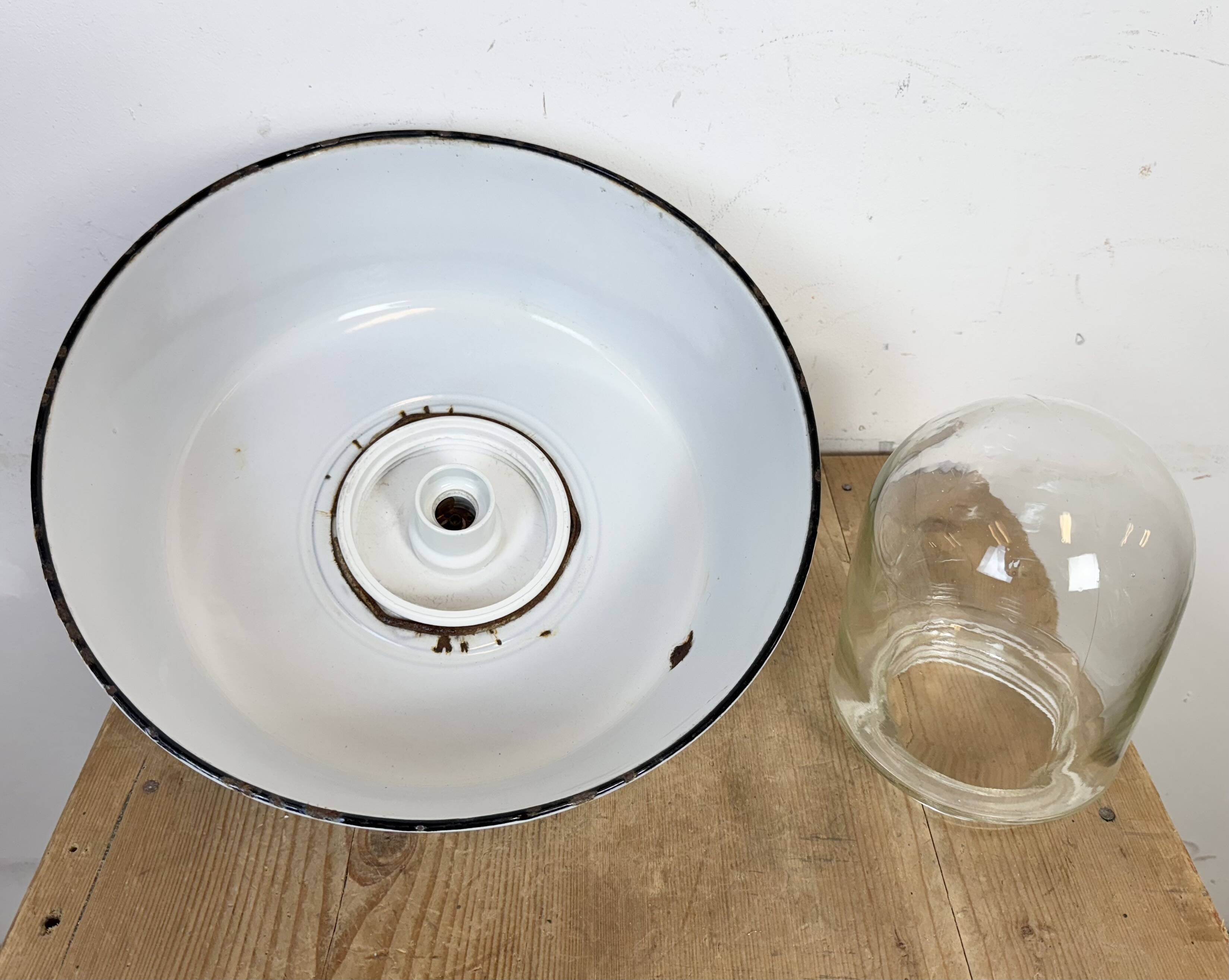 Industrial Grey Enamel Factory Pendant Lamp with Glass Cover, 1960s