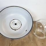 Industrial Grey Enamel Factory Pendant Lamp with Glass Cover, 1960s