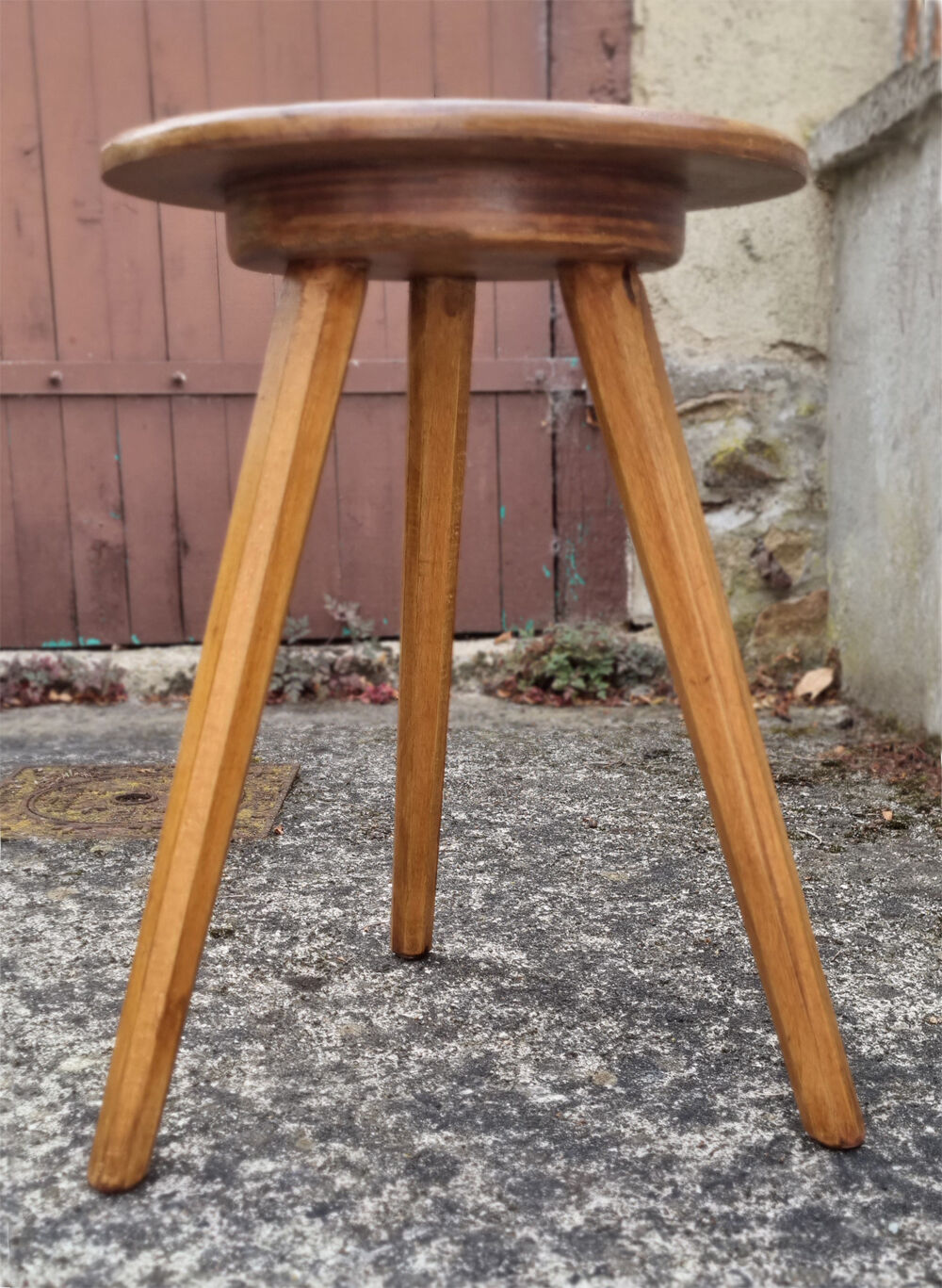 Pair of wooden tripod stools, tapered feet, vintage, 60s