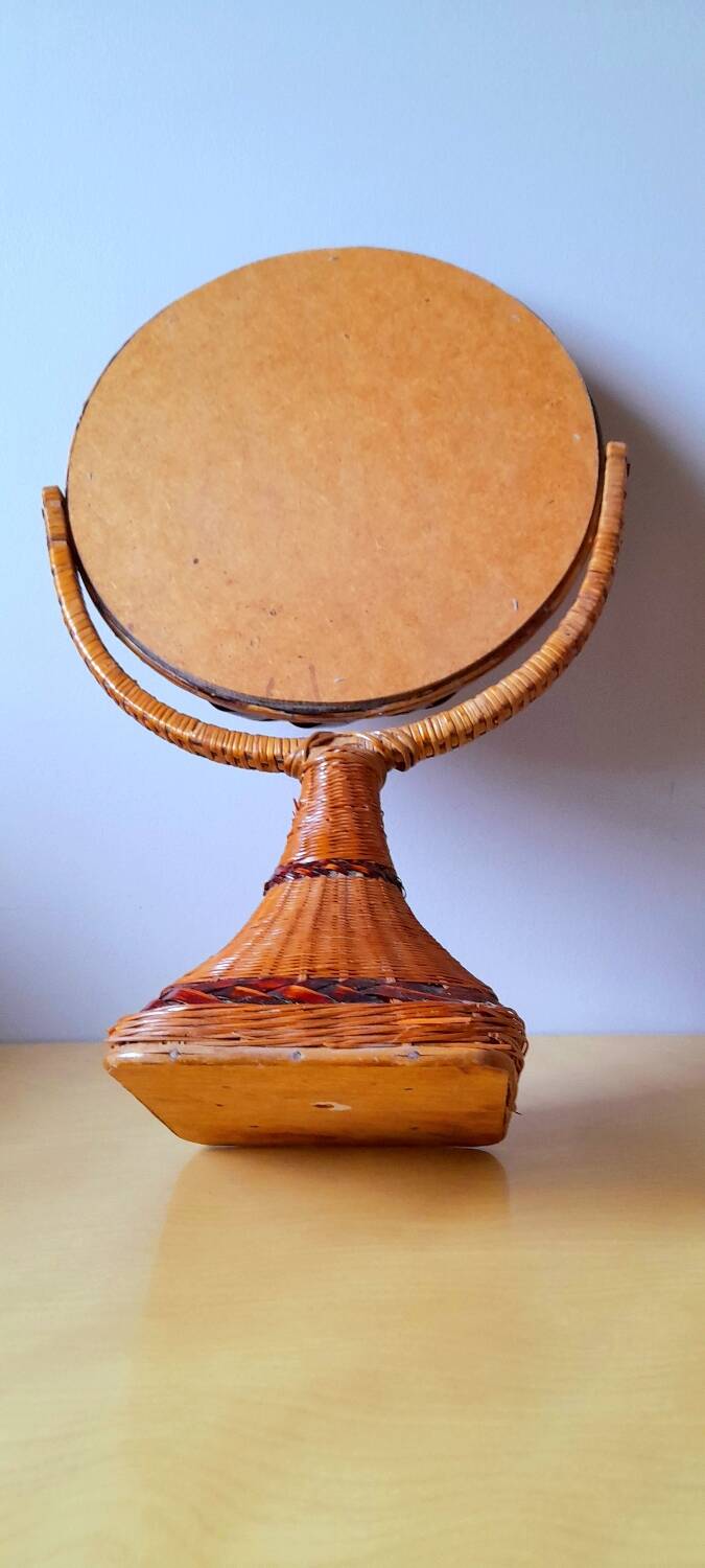 Woven wicker standing mirror