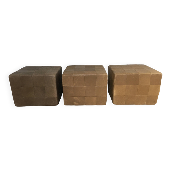 Lot de 3 grand Pouf Cubic De Sede cuir Suisse années 70