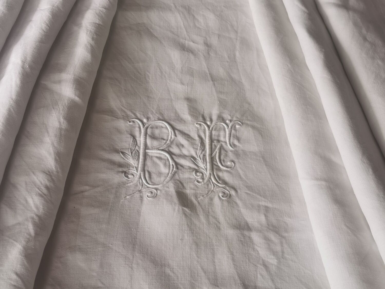 Old very large linen sheet monogrammed BF
