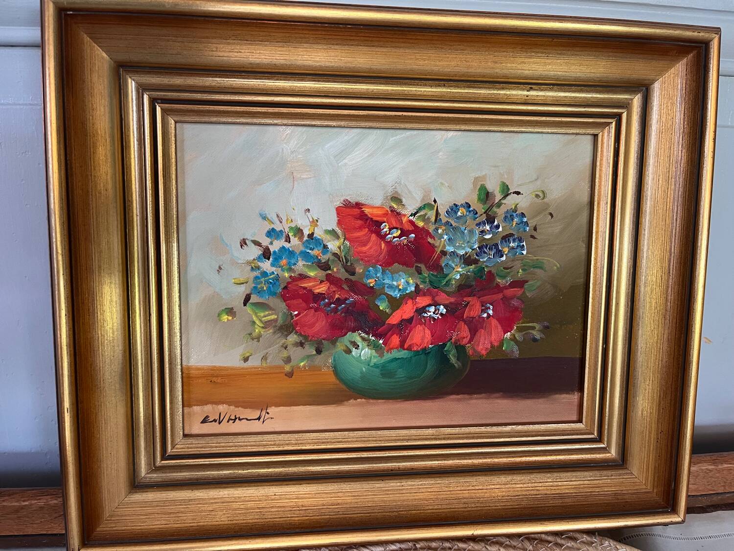 Oil on canvas - bouquets in red tones