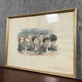 Watercolor drawing representing the magistrates of a trial dated October 1986