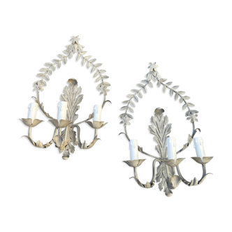 Pair of wall lamps 3 fires Louis XVI Ivory white