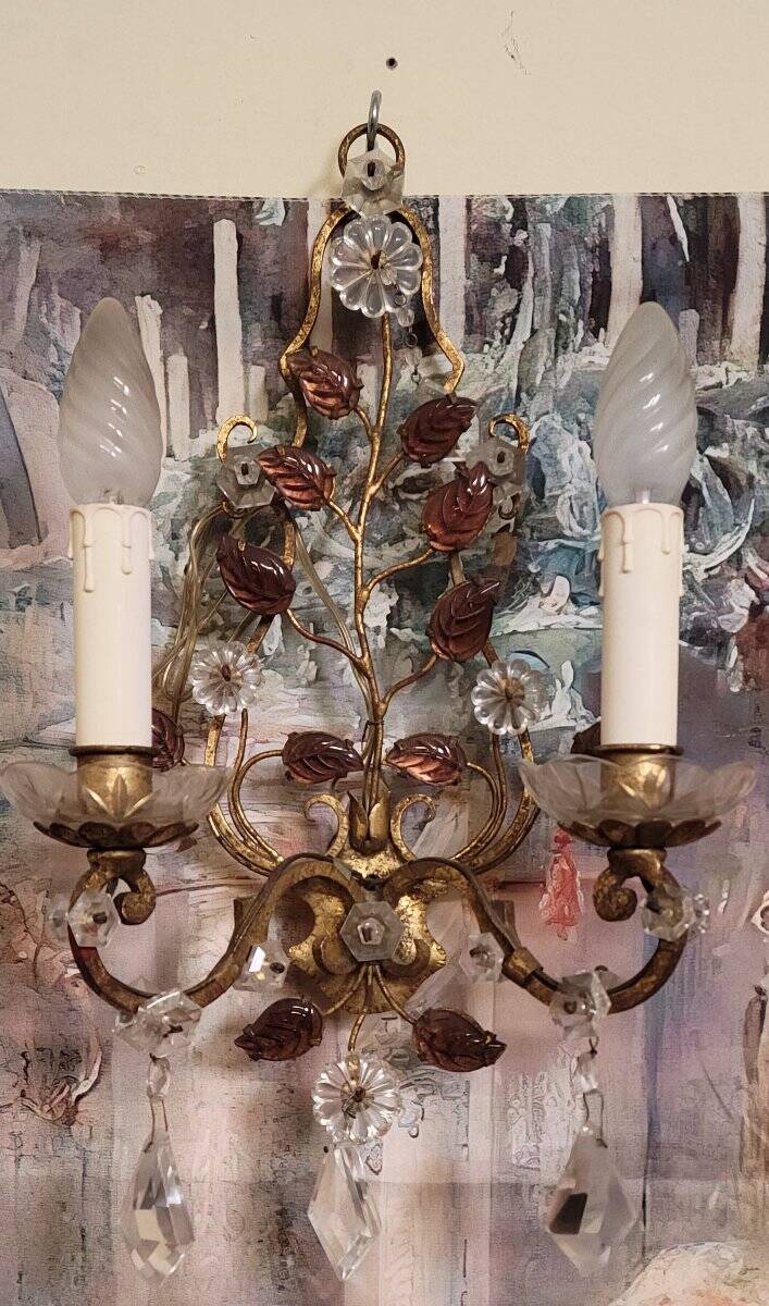 Murano: pair of wall sconces with two light arms, in bronze and gilded brass.