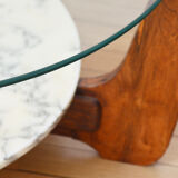 Table basse Hugues Poignant marbre, verre et teck années 60