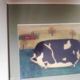Black and white pig painting disgruntled signed E. B.