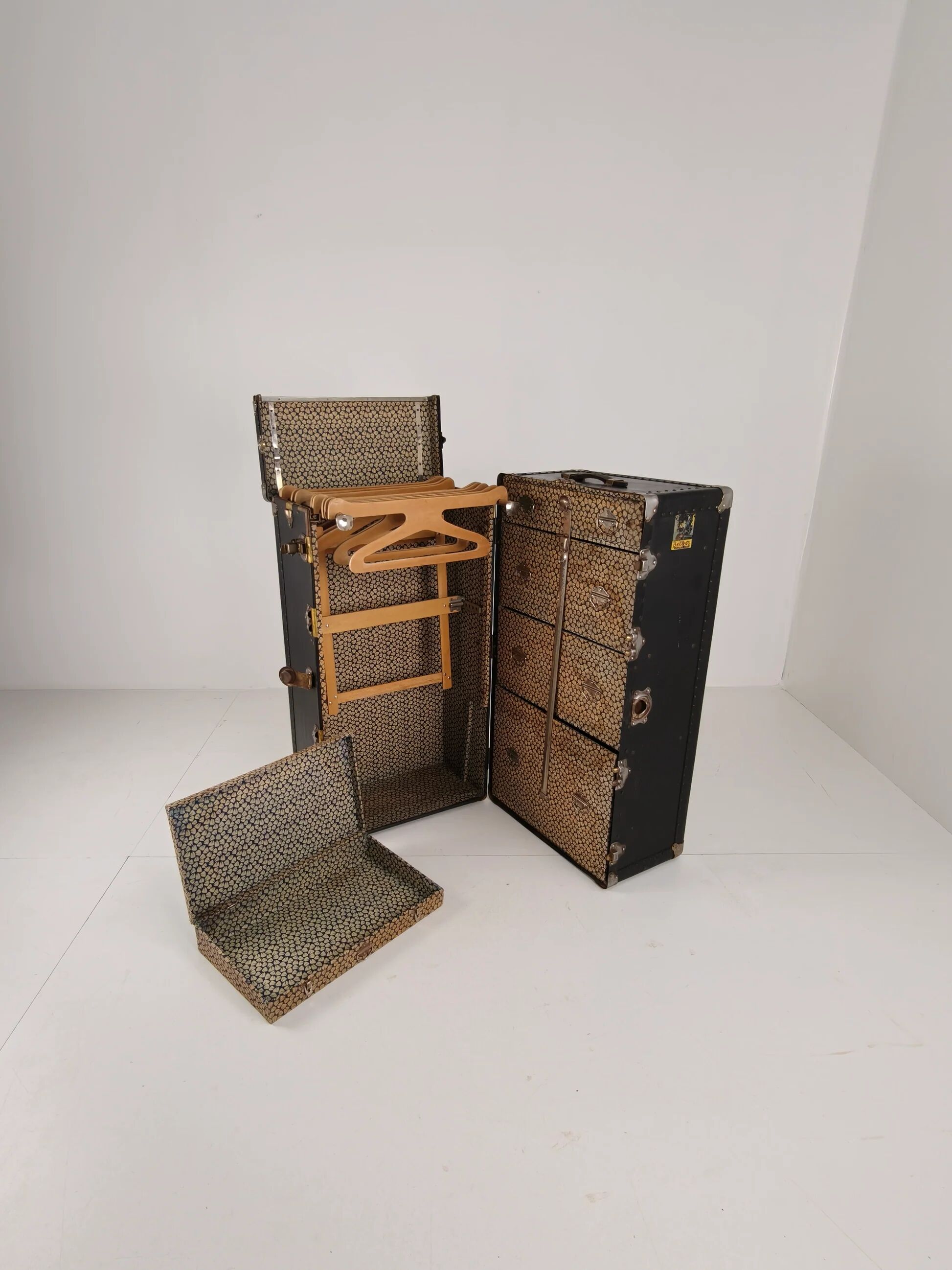 Antique 1924 Belber black leather steamer trunk - large travel wardrobe