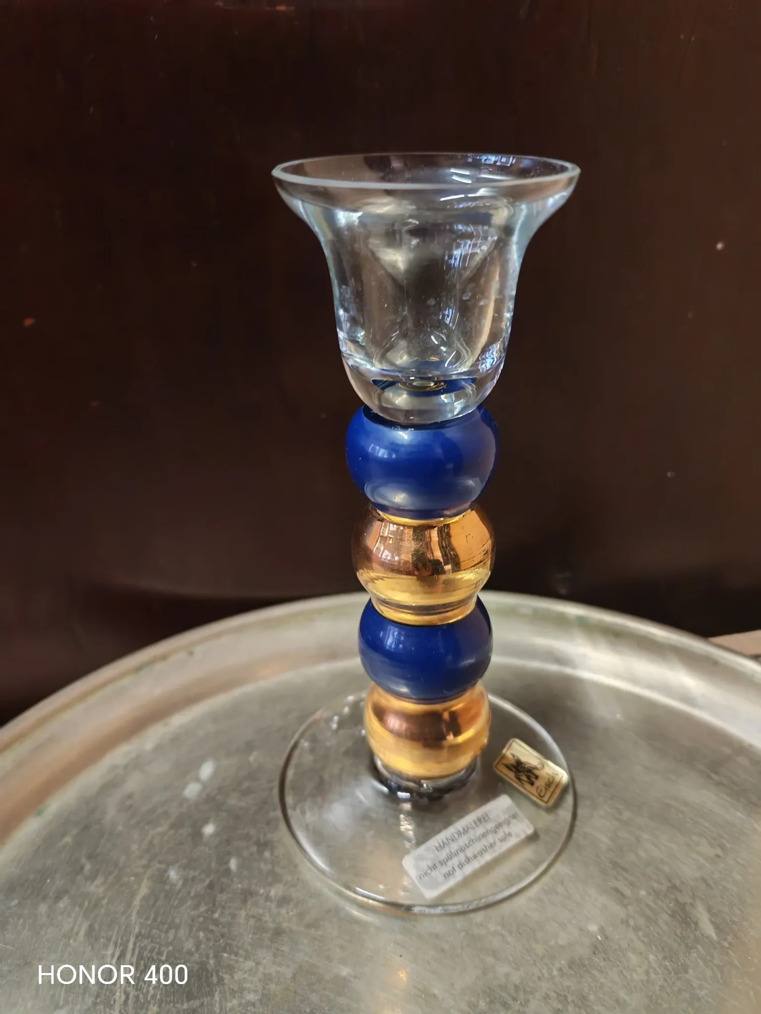 Post-modern cobalt blue glass candlestick, Memphis style.
