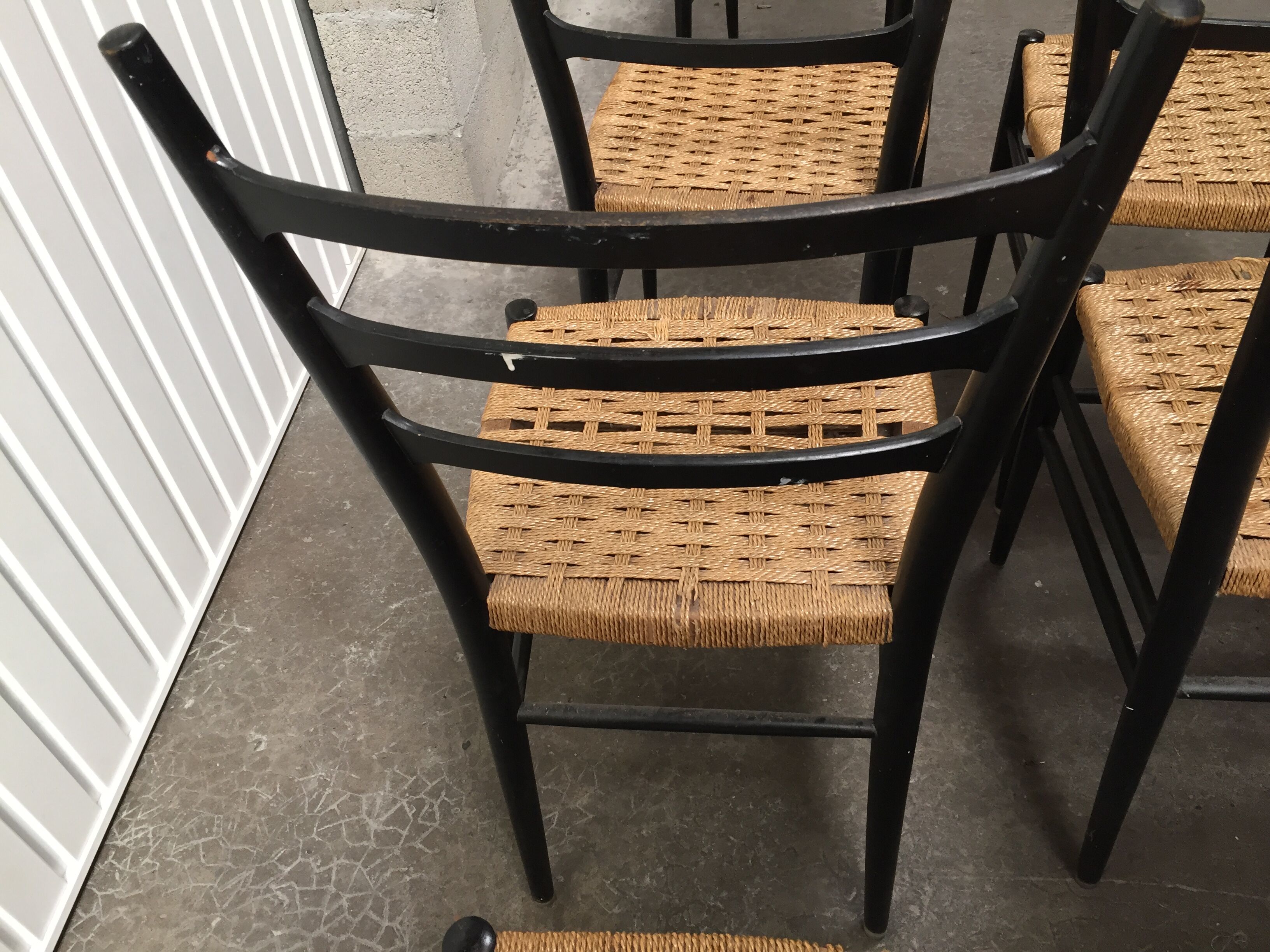 Set of 7 blackened wooden chairs, 1960s vintage