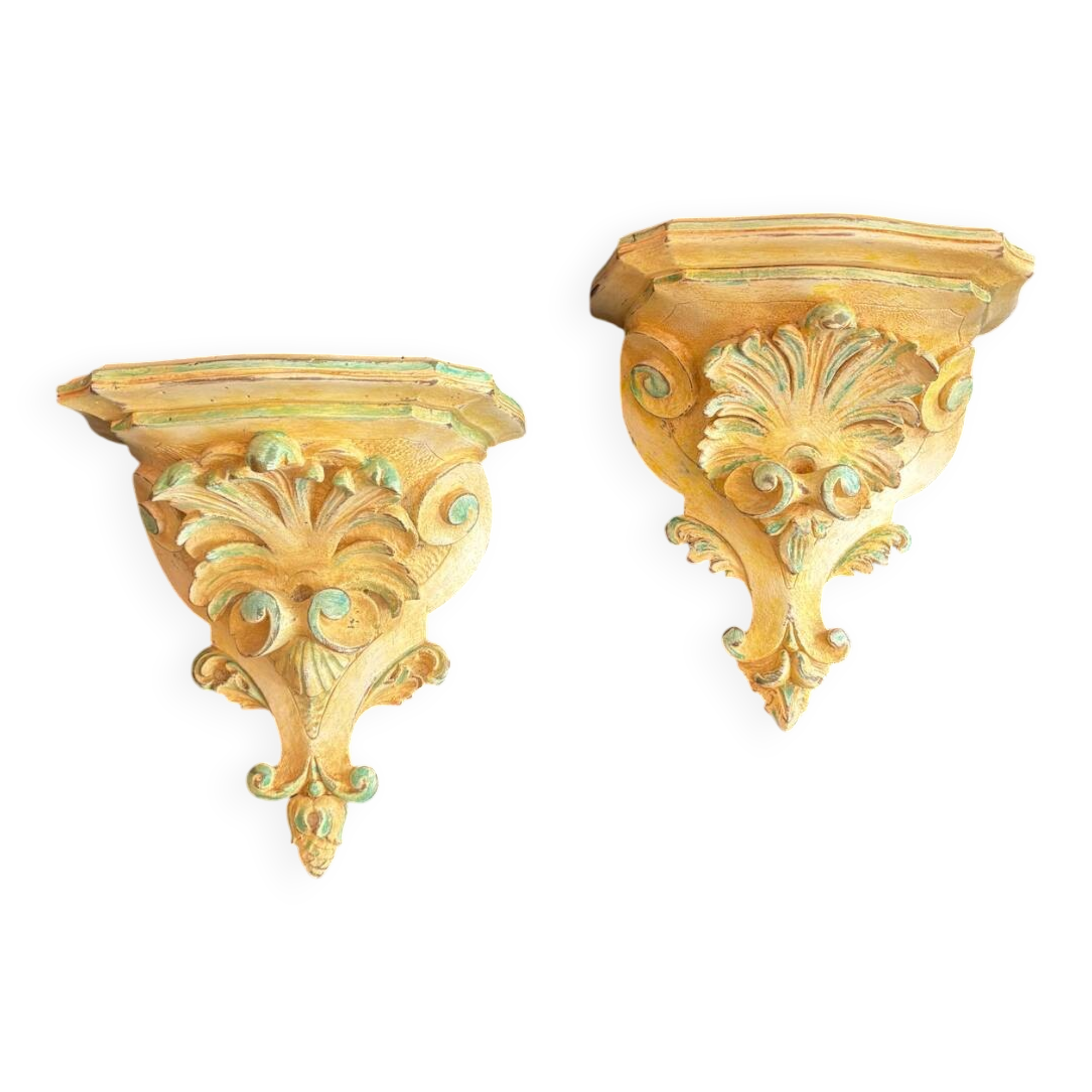 Small wooden consoles, green and beige