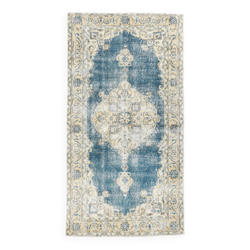 4x7 Rustic Blue & Beige Handmade Persian Rug, 112x212Cm SK 17715