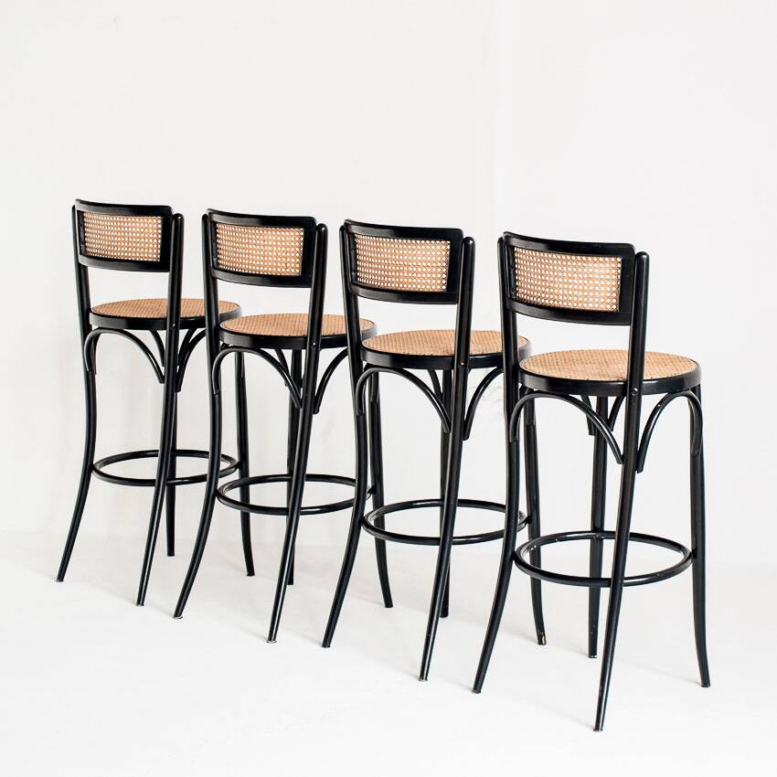 Set of 4 vintage high stools. Beech wood and cane. France, 90s