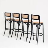 Set of 4 vintage high stools. Beech wood and cane. France, 90s