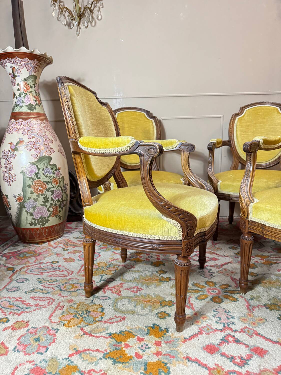 Set of four natural wood armchairs in louis xvi style 19th century