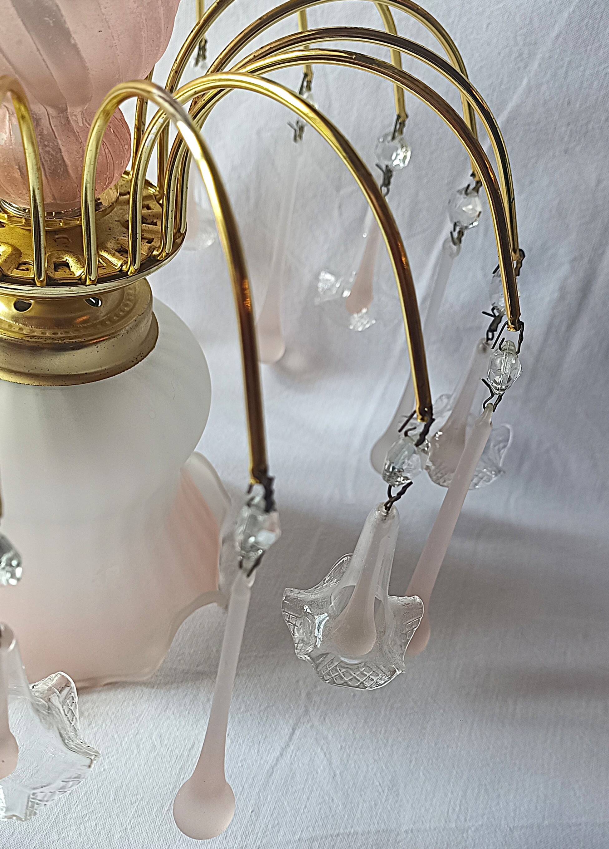 Vintage pink glass drop and flower chandelier pendant light.