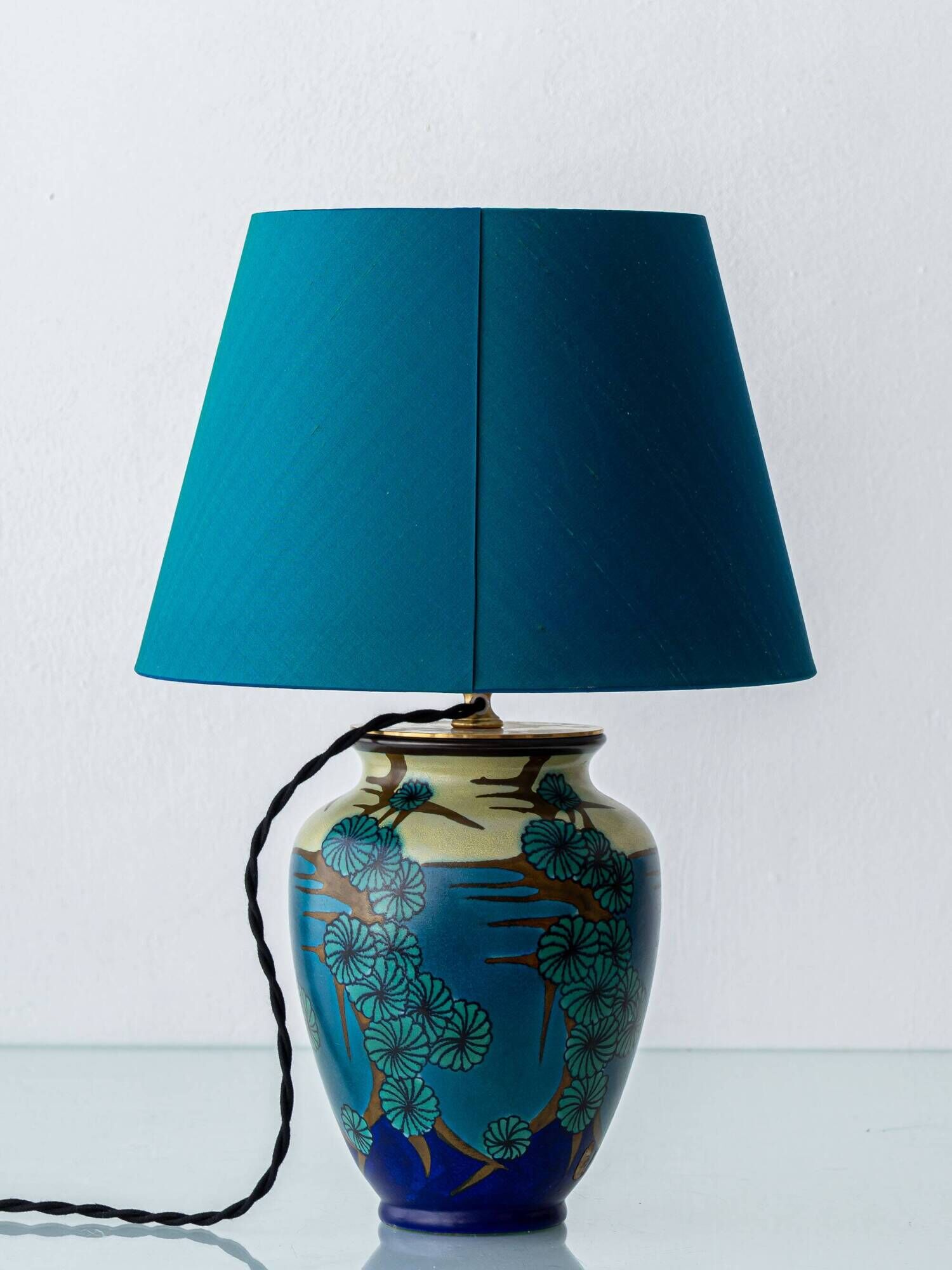 Art Deco Ceramic Table Lamp by PZH Gouda, 1928, with New Dupion Silk Shade