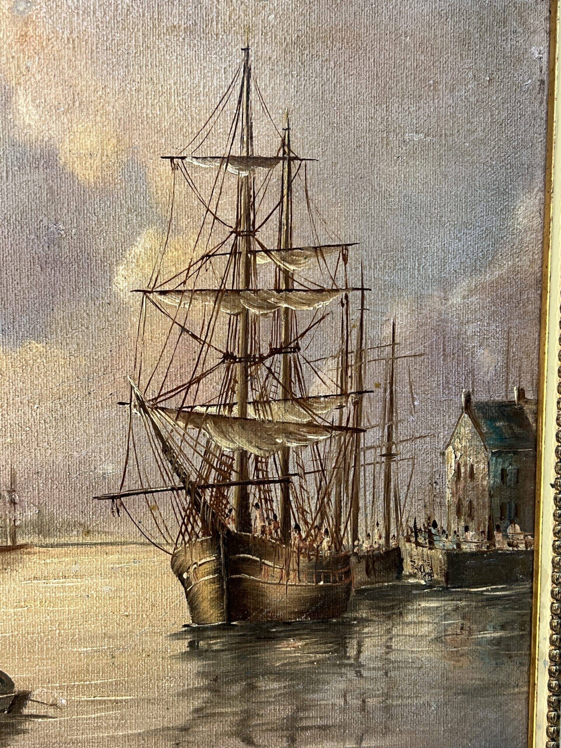 Alexandre Thomas Francia, oil on canvas with marine theme and sailboats