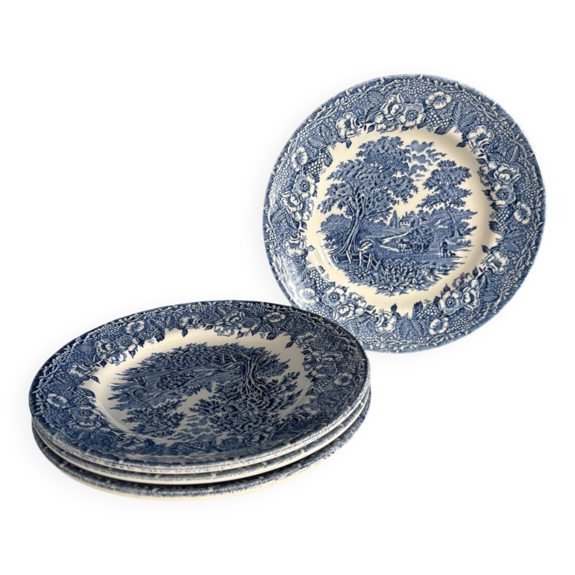 Set of 4 vintage English porcelain dessert plates with blue cha decor