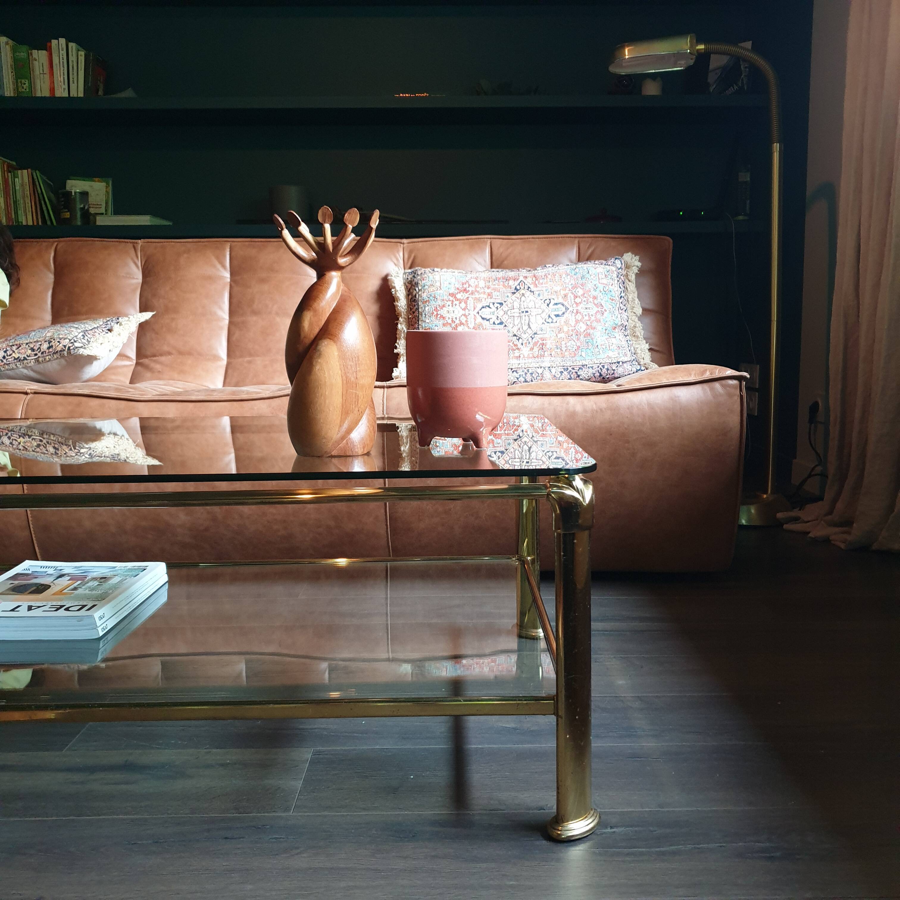 Vintage brass and glass coffee table, Italian, 70s Hollywood Regency style