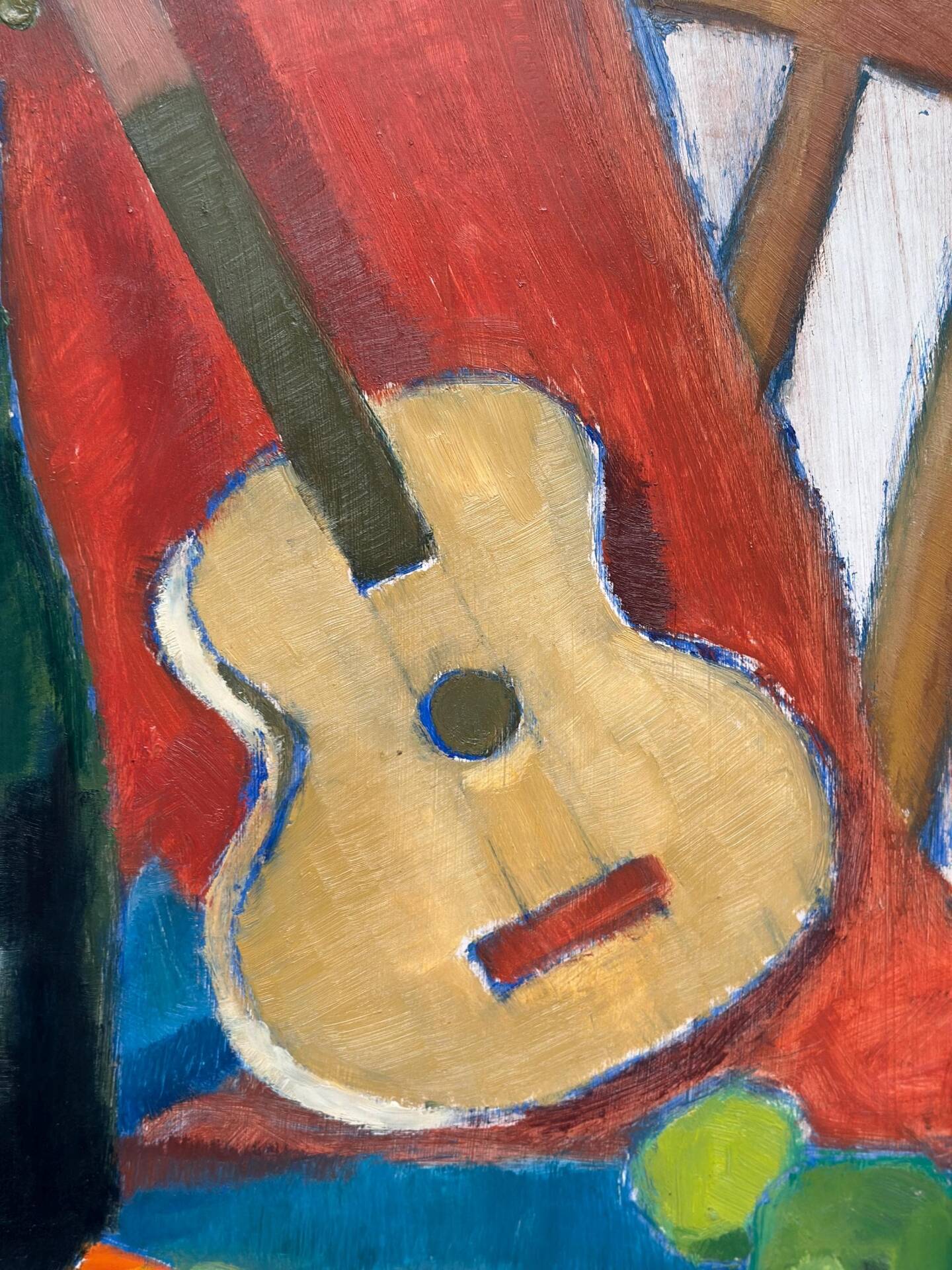 Swedish Oil on Canvas – “Still Life with Guitar and Wine Bottle”