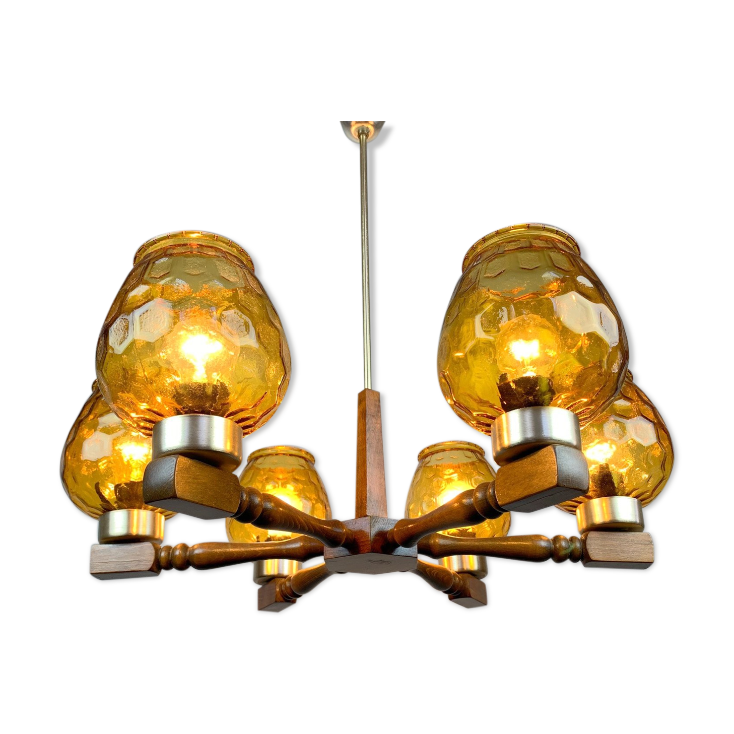 Mid Century Wood and Glass Chandelier, 1970's