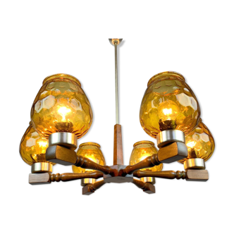 Mid Century Wood and Glass Chandelier, 1970's