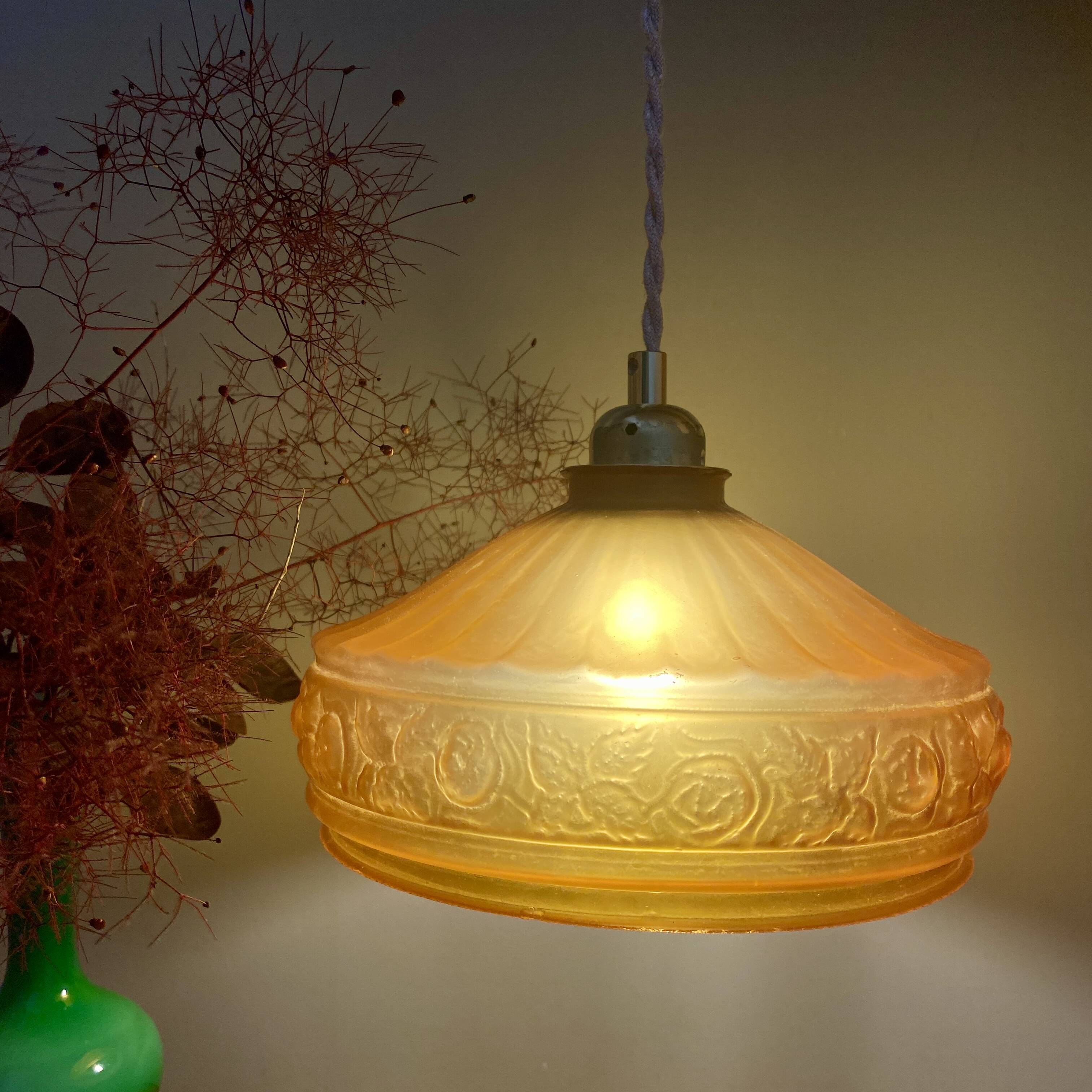 Pendant light with old art deco lampshade in yellow glass