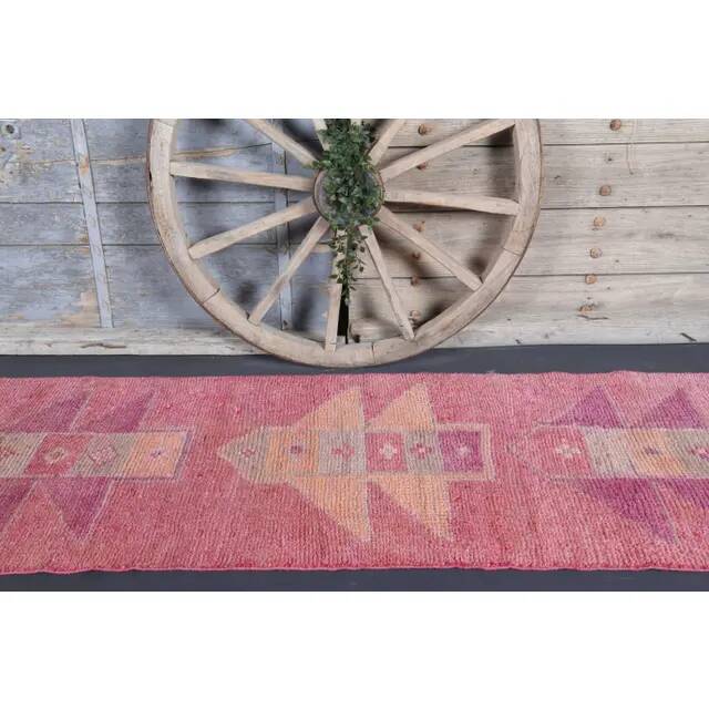 Tapis coureur vintage en laine et coton turc noué à la main rose 87x328
