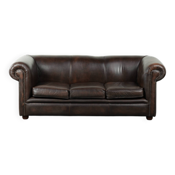 Luxury brown smooth cow leather Chesterfield sofa with an English look