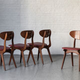 Set of 4 dining chairs in teak and burgundy by Louis van Teeffelen, The Netherlands, 1960’s