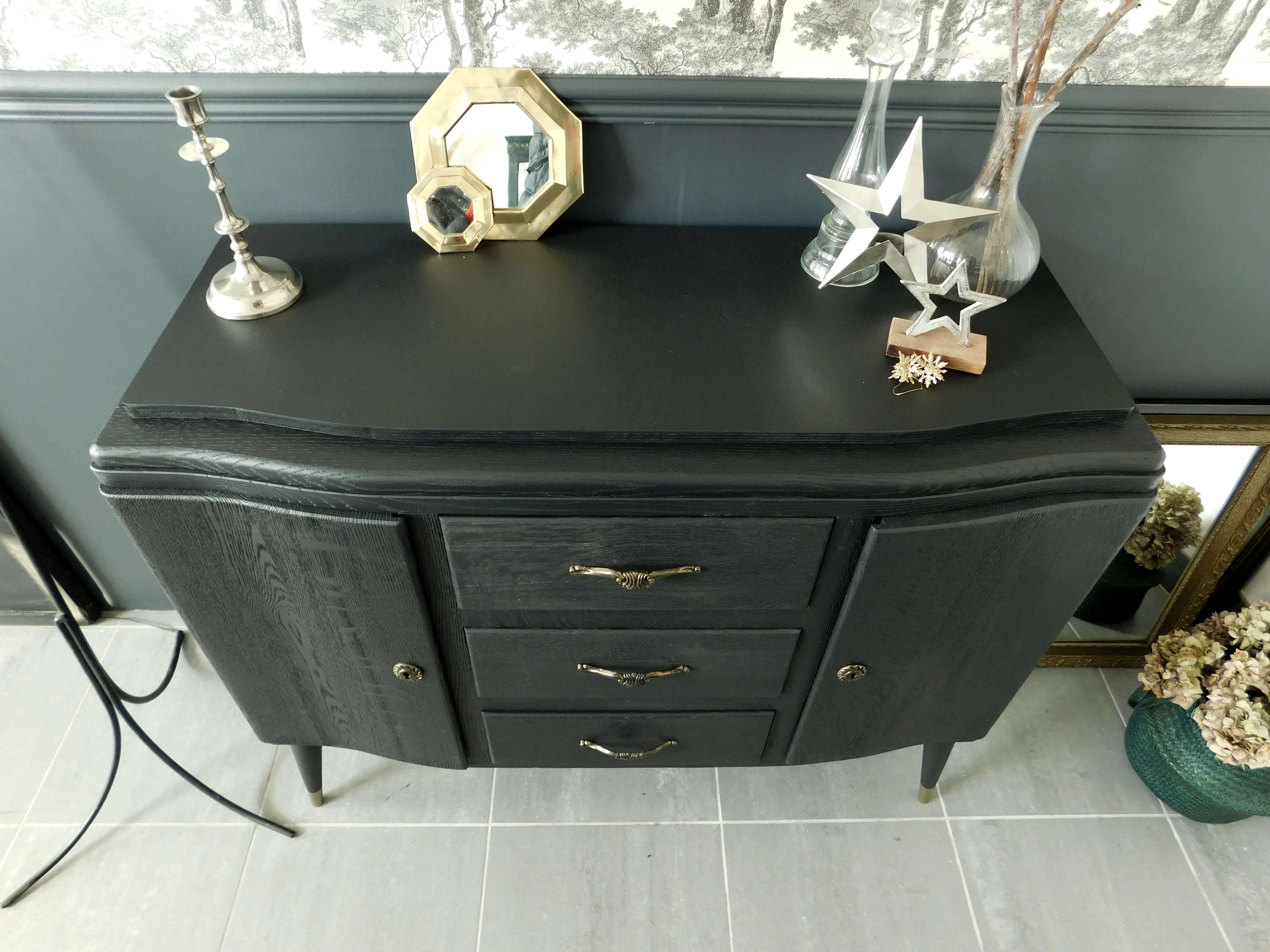 Black vintage solid oak dresser