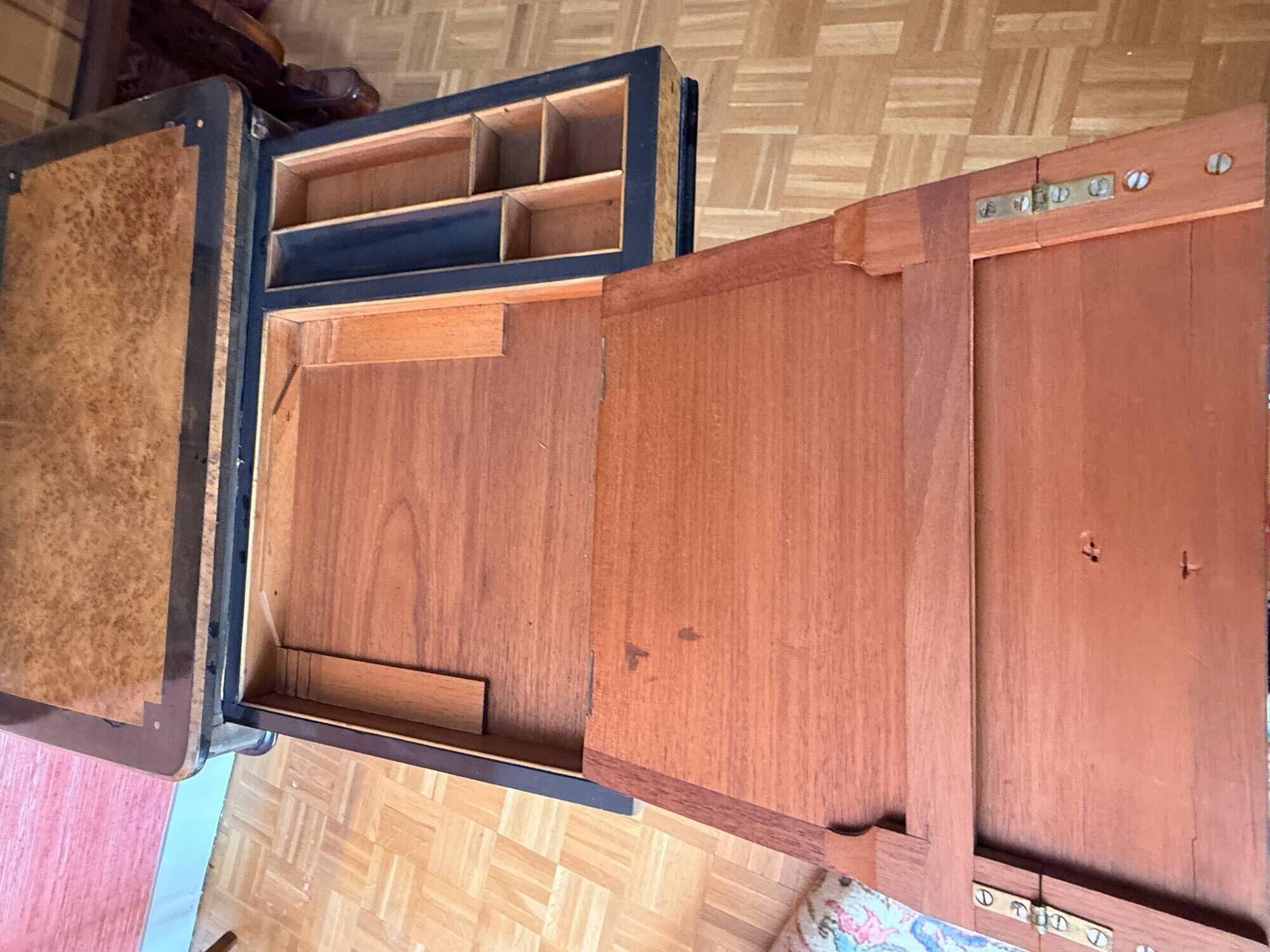 Victorian-era blackened wood and burr walnut Davenport.
