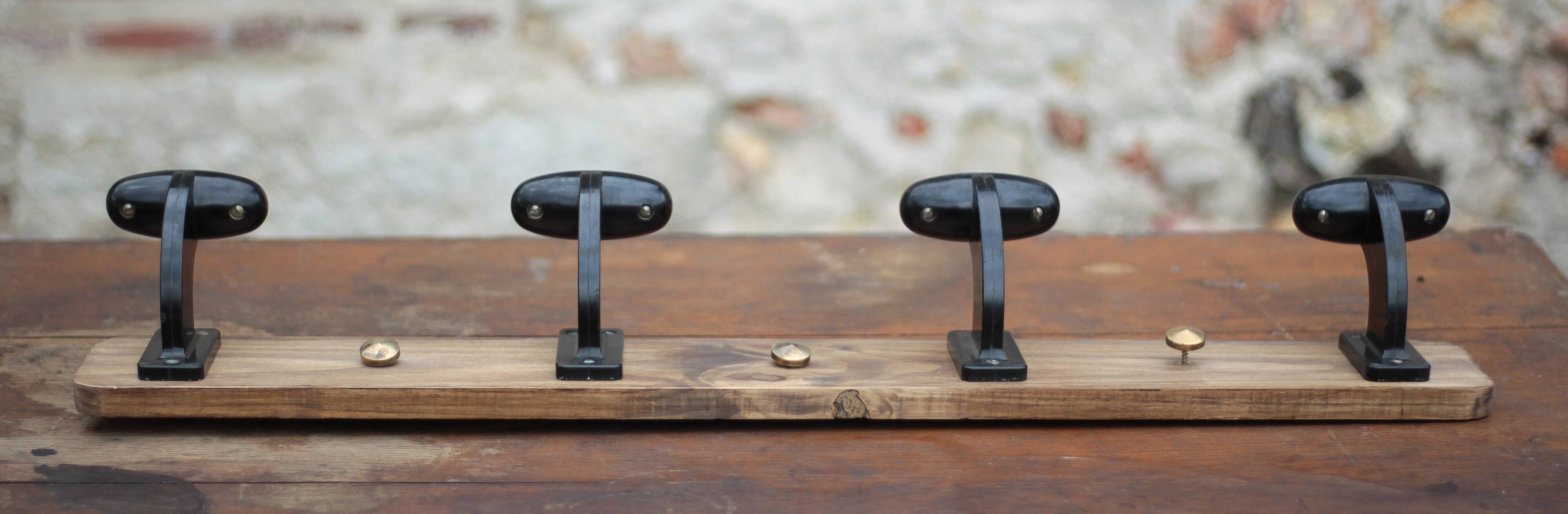 Wooden wall coat rack, vintage wall coat rack, bakelite hooks, ha