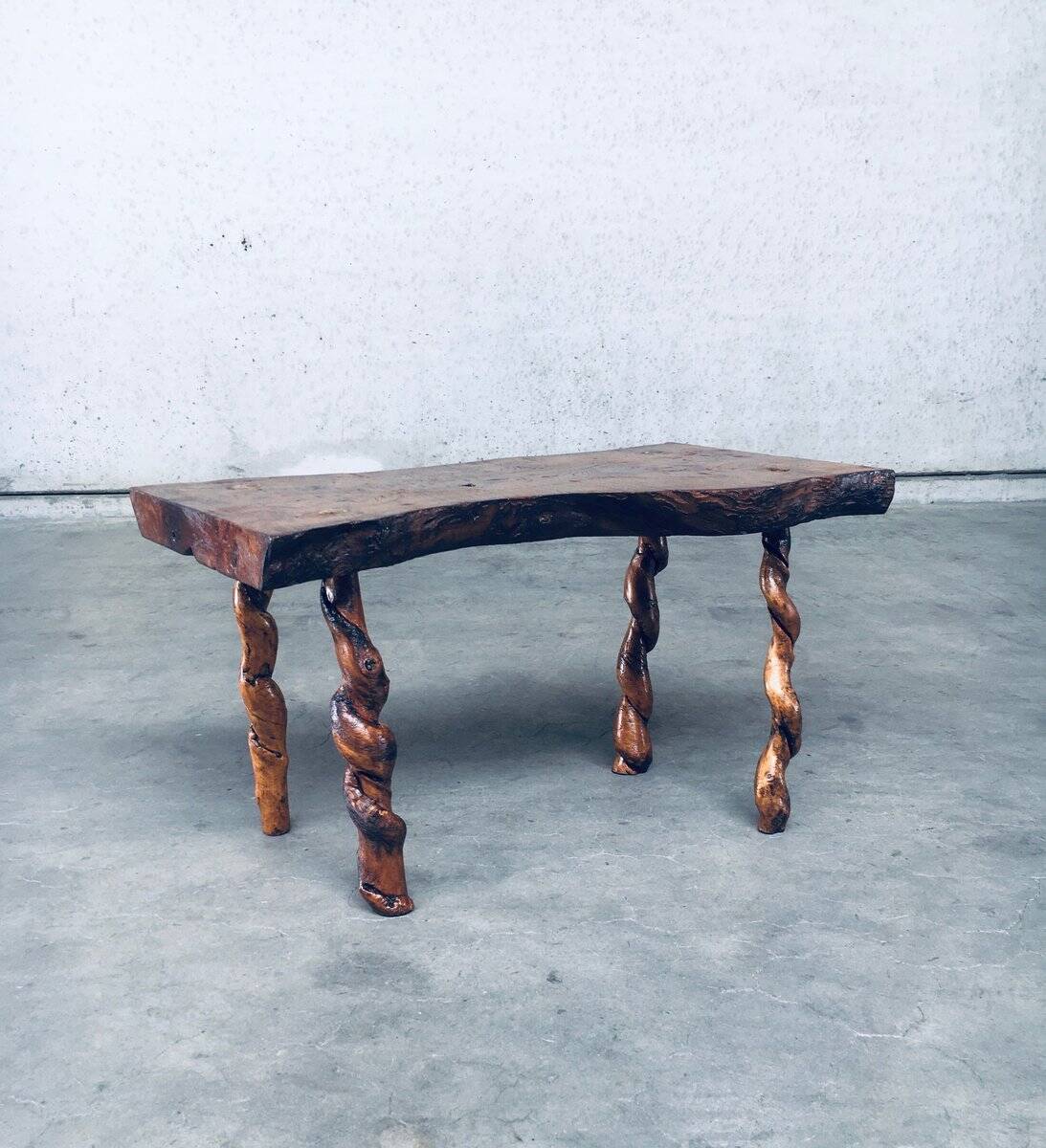 Brutalist Style Handcrafted Oak and Grape Wood Side Table, 1950s