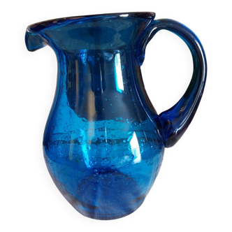 Blue carafe in bubbled blown glass similar to Biot glassware