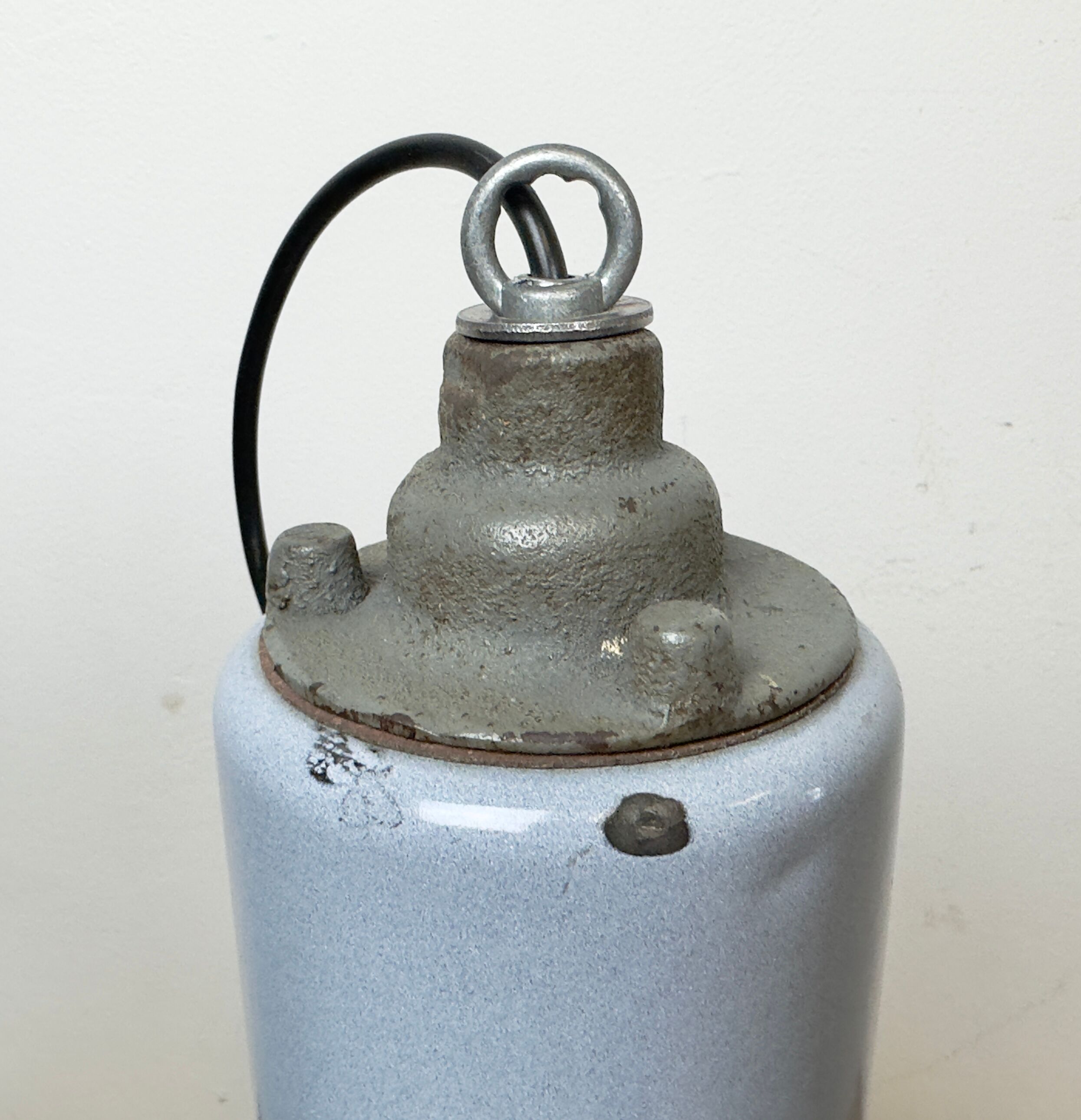 Bauhaus grey enamel industrial pendant lamp with glass cover, 1950s