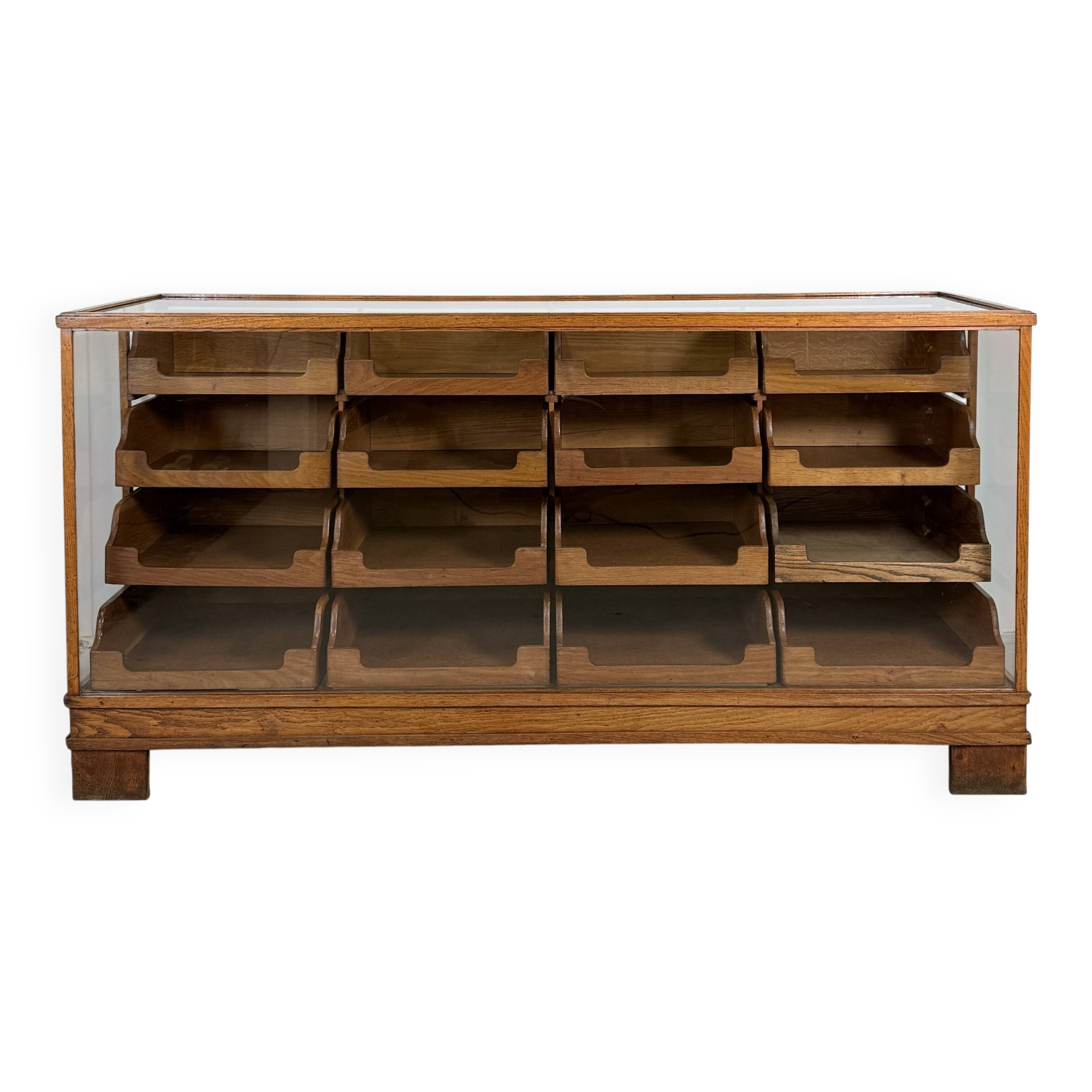 Solid Oak Haberdashery Glass Showcase with 16 Drawers – ca. 1940s